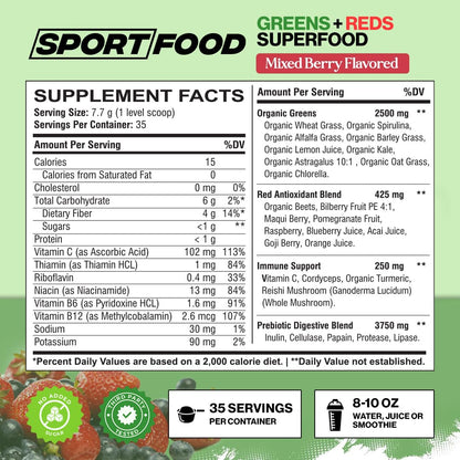 Sport Food Greens & Reds Superfood Powder – Mixed Berry (35 Servings) | 25+ Super Fruits & Veggies