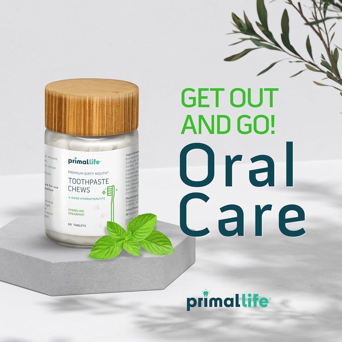 Primal Life Organics Dirty Mouth Chews – Nano-Hydroxyapatite Whitening (60 ct, Sparkling Spearmint)