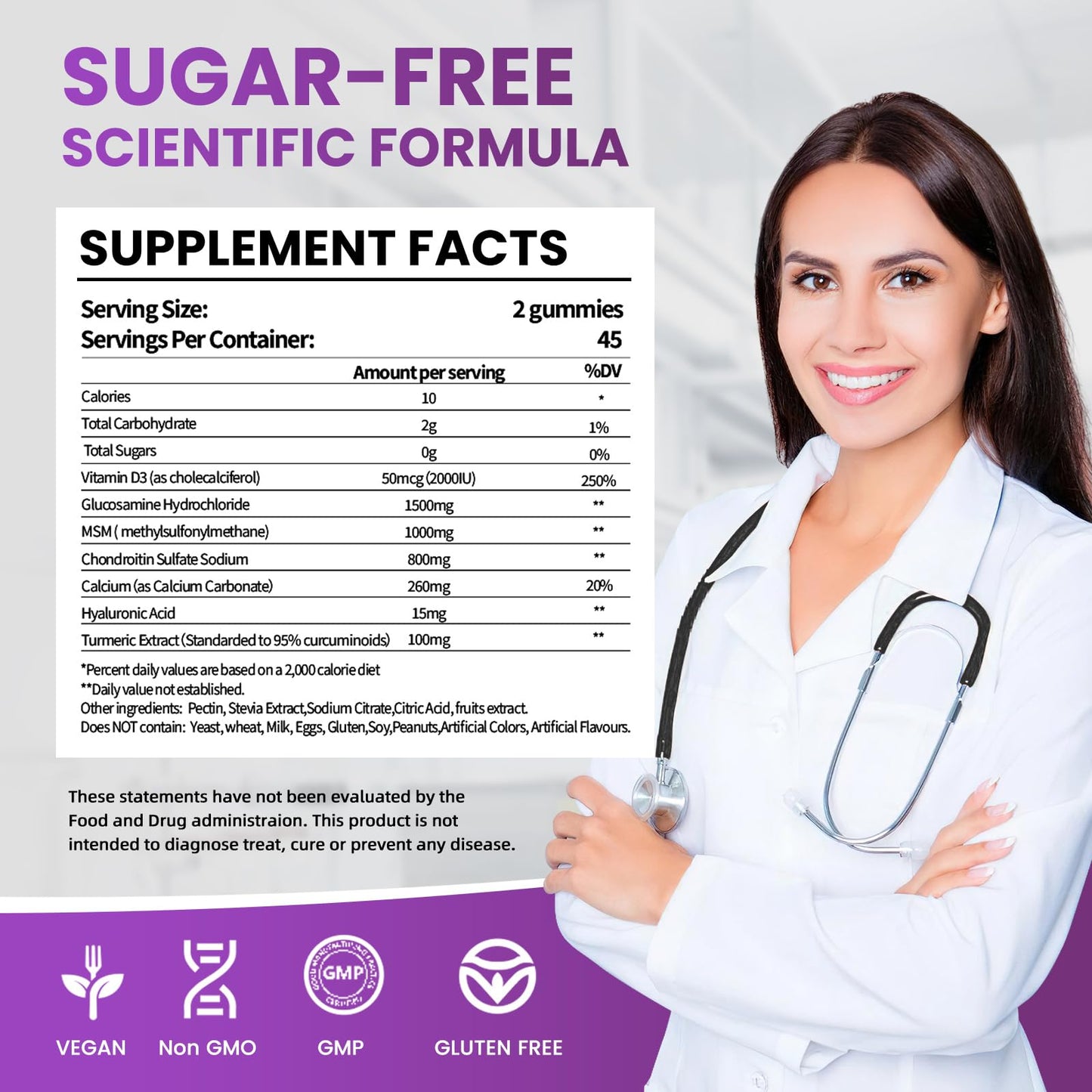 Joint Support Gummies with Glucosamine Chondroitin - Sugar Free, 1500mg Extra Strength + MSM & Turmeric (90 Count)