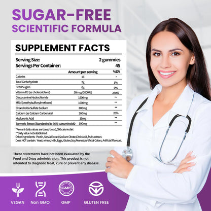 Joint Support Gummies with Glucosamine Chondroitin - Sugar Free, 1500mg Extra Strength + MSM & Turmeric (90 Count)