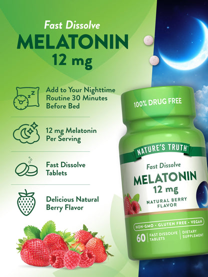 Nature's Truth Melatonin 12mg | 60 Fast Dissolve Tablets | Natural Berry Flavor | Vegan, Non-GMO & Gluten Free Supplement