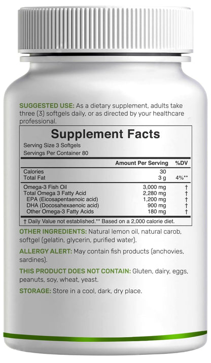 DEAL SUPPLEMENT Omega 3 Fish Oil – 3,000 mg per Serving, 240 Softgels, Burpless Lemon