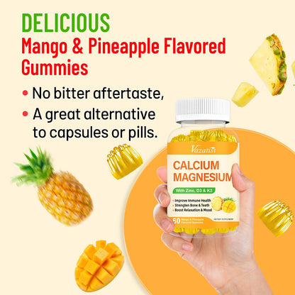 Calcium Magnesium Zinc Gummies with Vitamin D3 & K2 – Vegan Mango-Pineapple, 60 Gummies