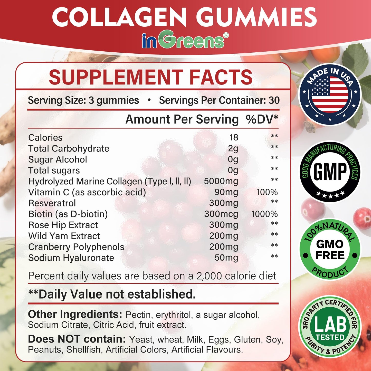inGreens Collagen Gummies 5000mg – Sugar Free, Biotin, 90 Count