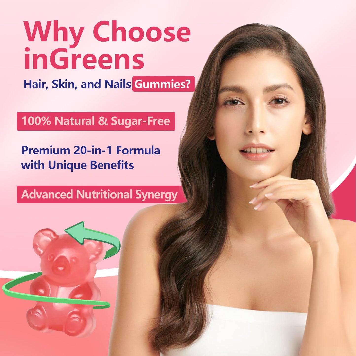 inGreens 20-in-1 Hair, Skin & Nails Gummies – 90 Gummies, 10,000 mcg Biotin