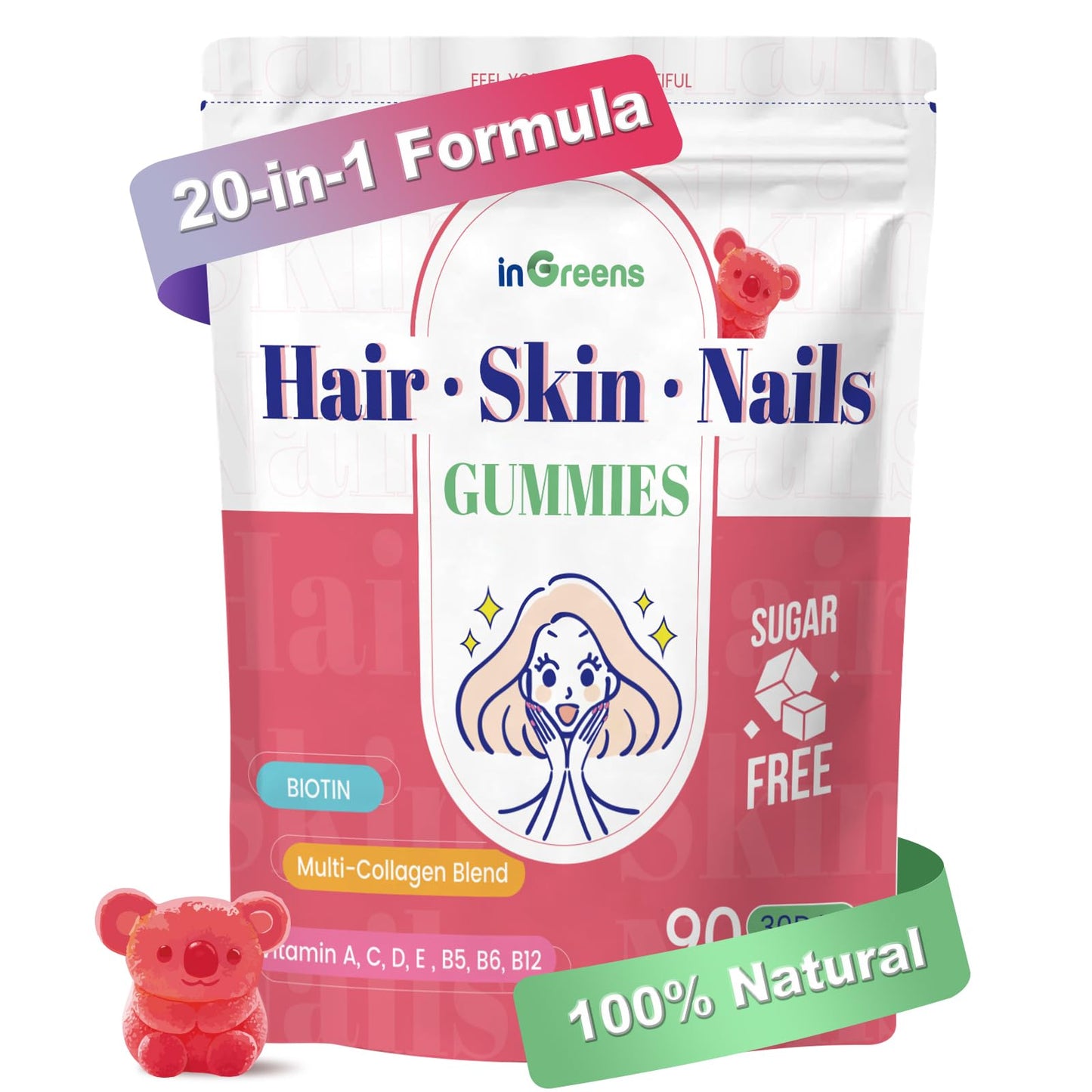 inGreens 20-in-1 Hair, Skin & Nails Gummies – 90 Gummies, 10,000 mcg Biotin