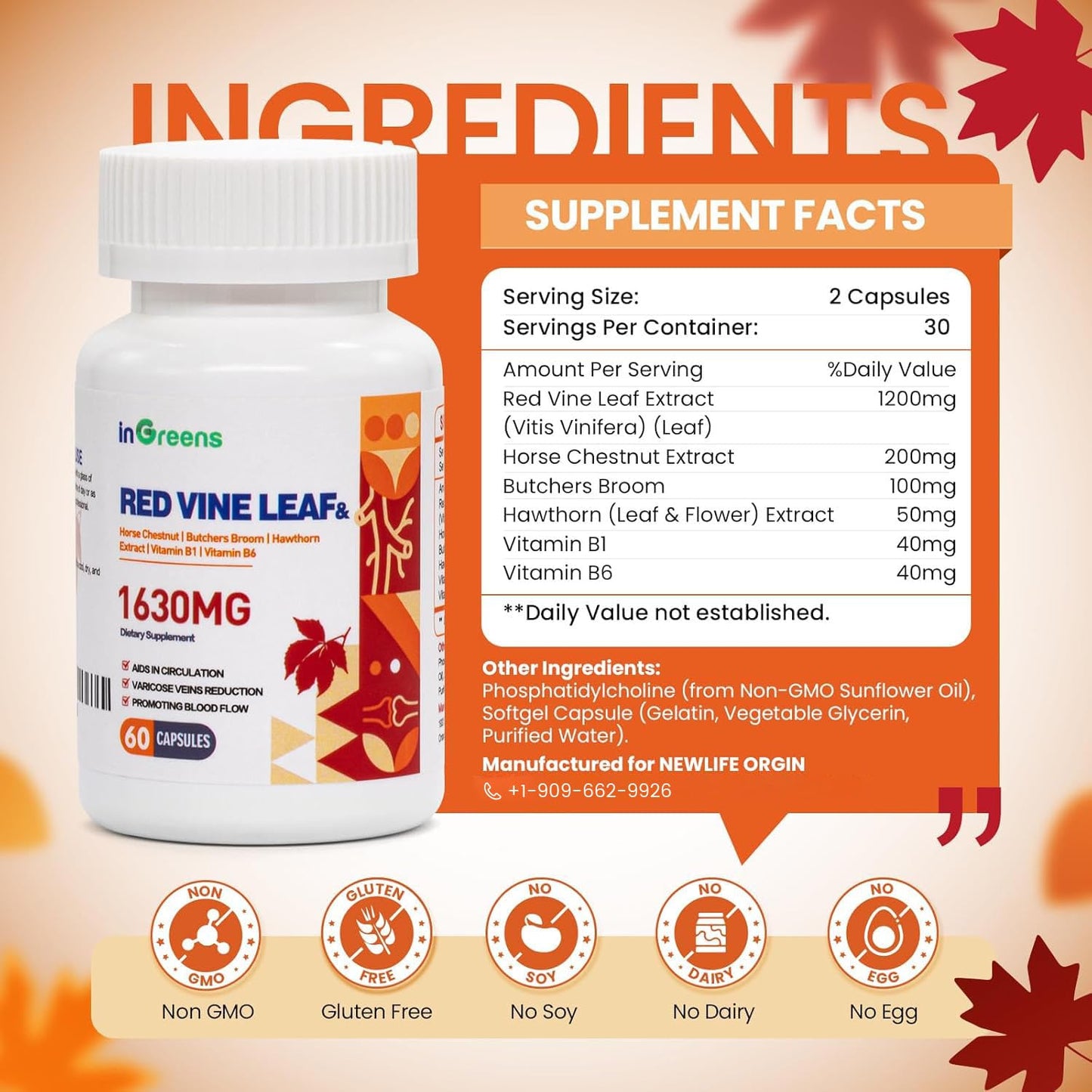 inGreens Red Vine Leaf Extract 1630mg with Horse Chestnut – Varicose Veins Support, 60 Capsules (Made in USA)
