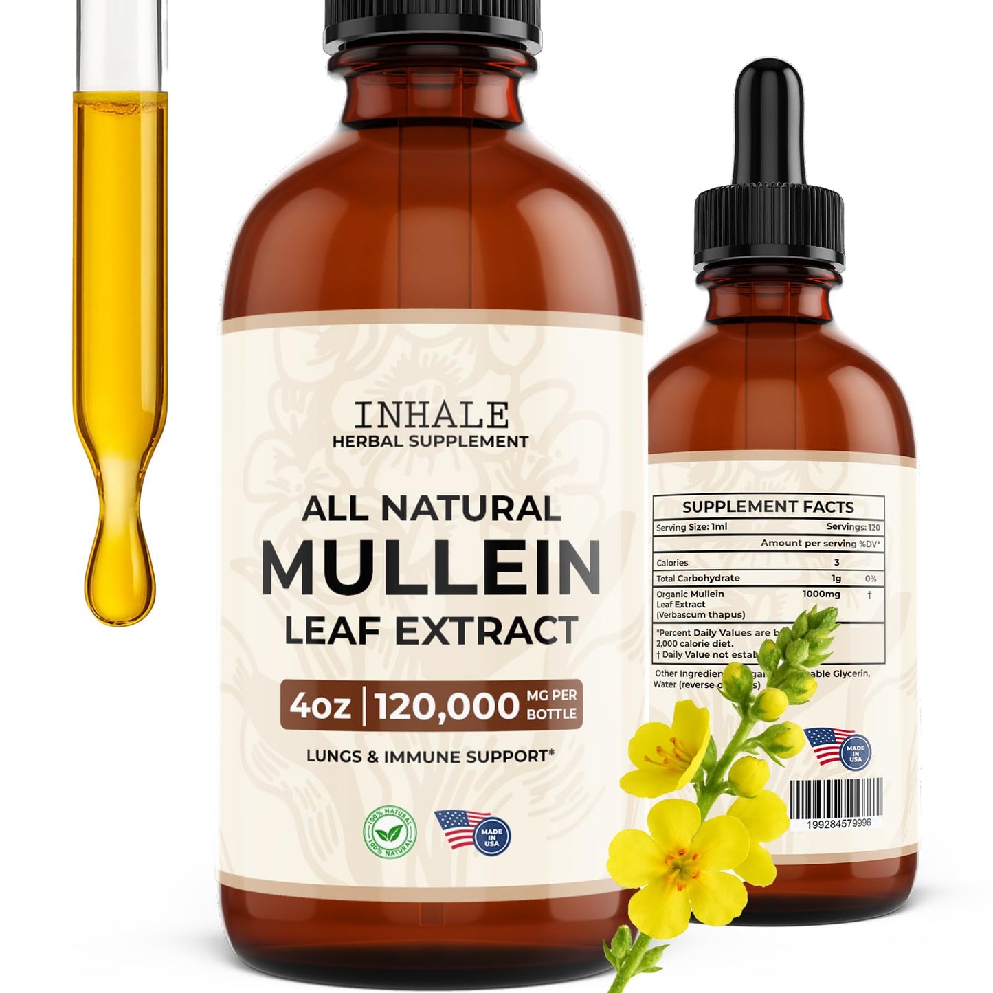Inhale Mullein Drops for Lungs – Mullein Leaf Extract | Lung Detox & Respiratory Support – Made in USA 4oz