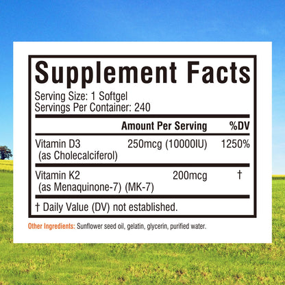 Innate Vitality D3 K2 Softgels 10,000 IU + MK-7 200 mcg | 240 Softgels | Non-GMO Gluten Free