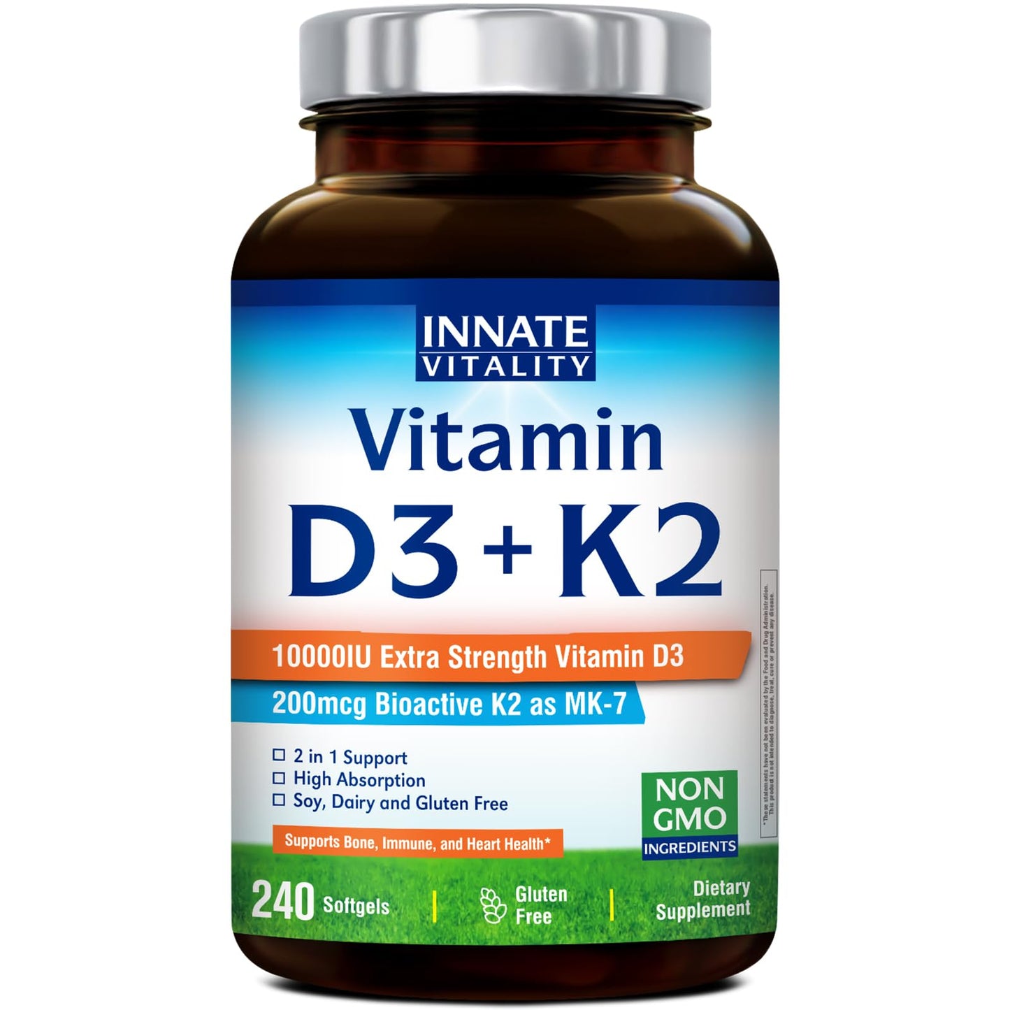 Innate Vitality D3 K2 Softgels 10,000 IU + MK-7 200 mcg | 240 Softgels | Non-GMO Gluten Free
