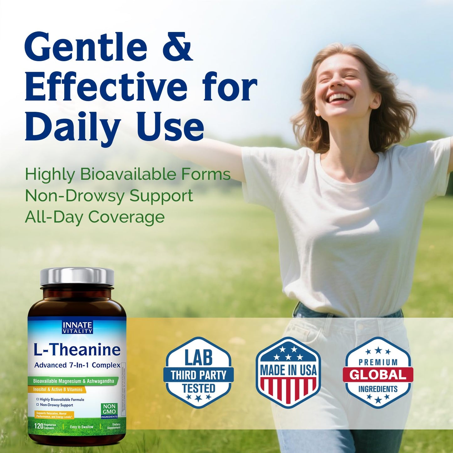 Innate Vitality L-Theanine 200 mg – 7-in-1 Sleep & Focus Support, 120 Capsules