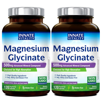 Innate Vitality Magnesium Glycinate 500mg – 70mg Elemental Magnesium, High Absorption | Non-GMO, Gluten-Free | Supports Nerve, Heart & Bone Health | 240 Vegan Capsules