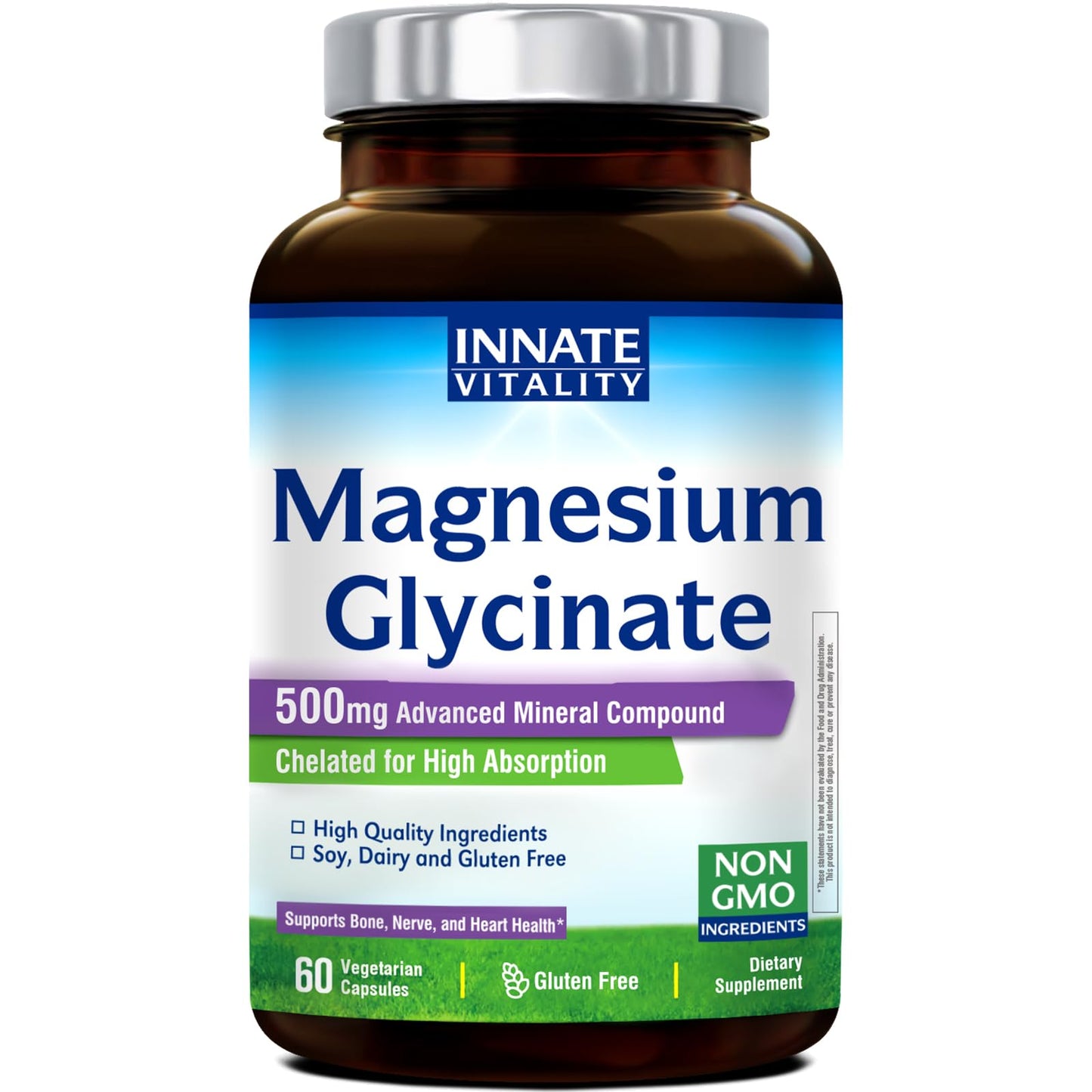 Innate Vitality Magnesium Glycinate 500mg | 70mg Elemental Magnesium per Capsule | High Absorption, Non-GMO & Gluten-Free | 60 Vegan Capsules