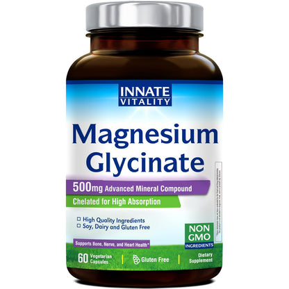 Innate Vitality Magnesium Glycinate 500mg | 70mg Elemental Magnesium per Capsule | High Absorption, Non-GMO & Gluten-Free | 60 Vegan Capsules
