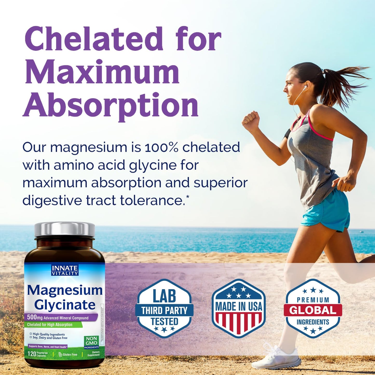 Innate Vitality Magnesium Glycinate 500mg | 70mg Elemental Mg | High Absorption | 120 Vegan Capsules