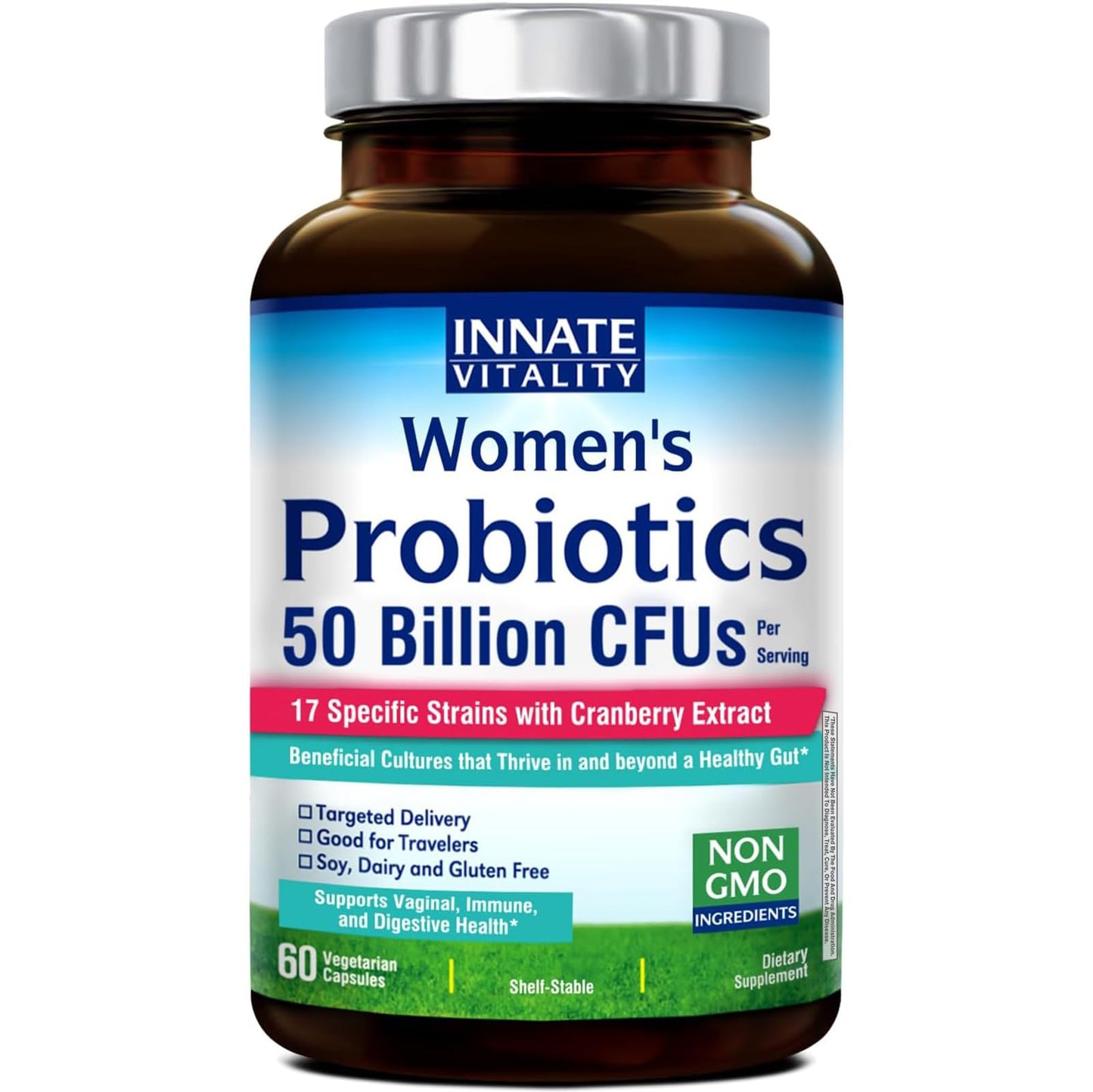 Innate Vitality Probiotics for Women - 50B CFU, 17 Strains, 60 Veggie Caps, Non-GMO, Prebiotics & Cranberry