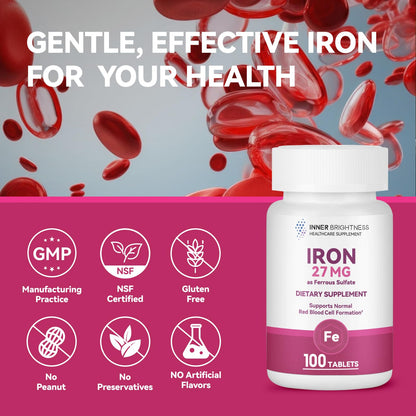 Inner Brightness Iron Supplement - 27 mg Iron for Women, 100 Tablets