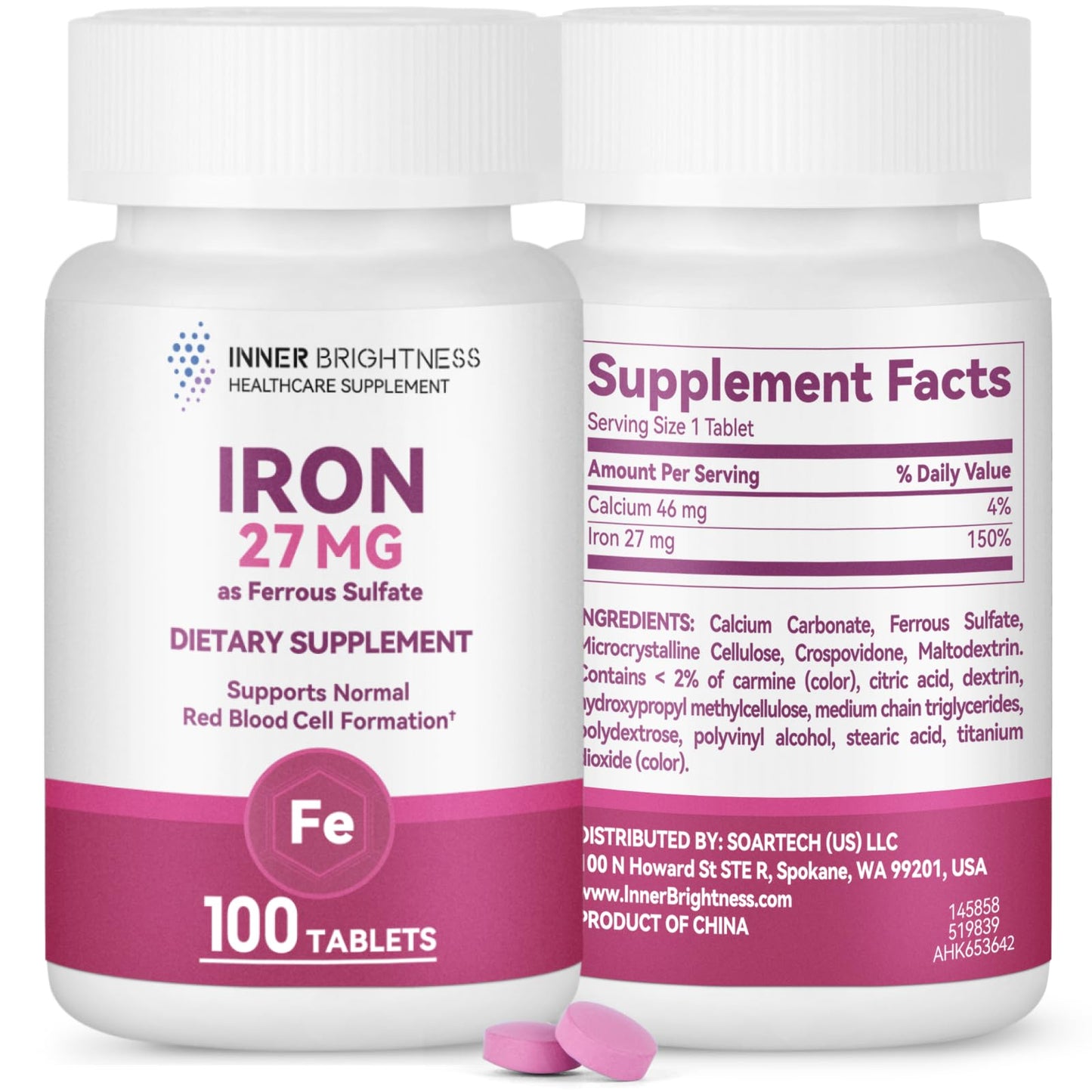 Inner Brightness Iron Supplement - 27 mg Iron for Women, 100 Tablets