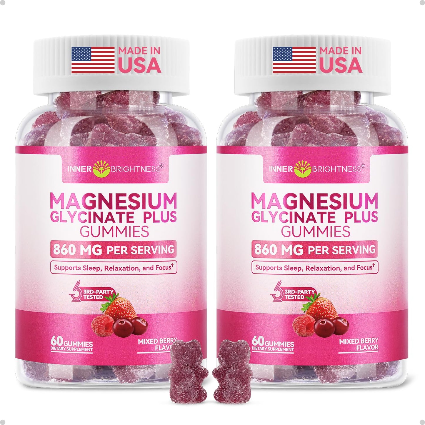 Inner Brightness Magnesium Glycinate Plus Gummies – 860mg | Sugar-Free, Gluten-Free, Non-GMO (120 Count)