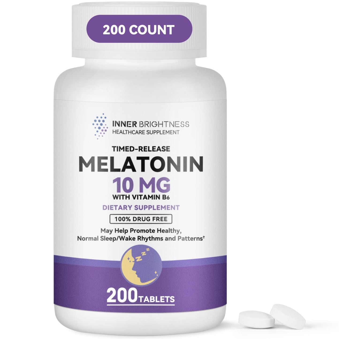 Inner Brightness Melatonin 10mg Tablets - Timed Release Sleep Aid | 200-Count