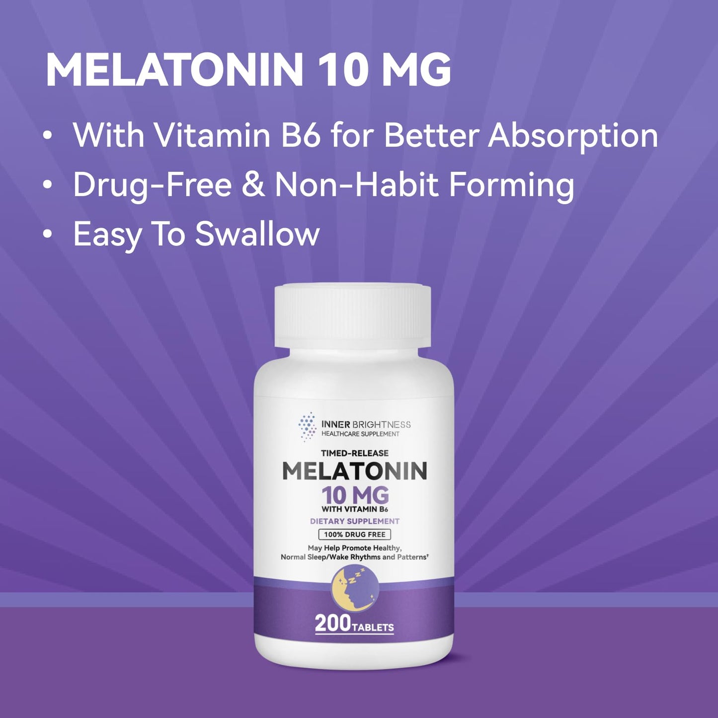 Inner Brightness Melatonin 10mg Tablets - Timed Release Sleep Aid | 200-Count