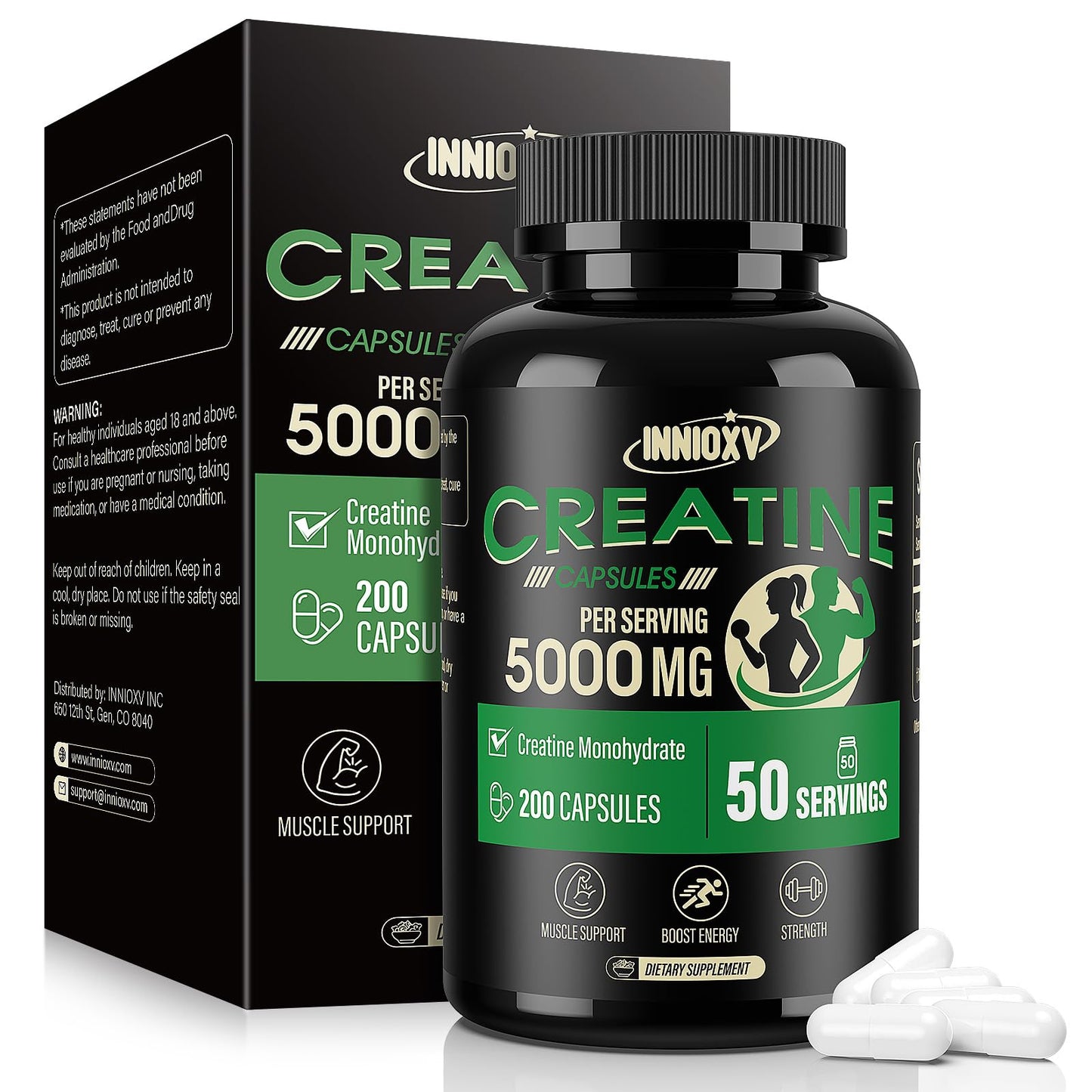 INNIOXV Creatine Monohydrate Capsules – 5000mg/Serving, 50 Servings, Gluten Free