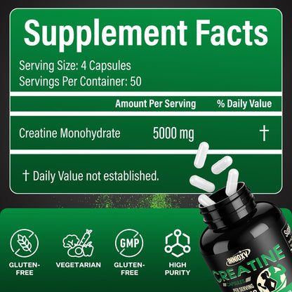 INNIOXV Creatine Monohydrate Capsules – 5000mg/Serving, 50 Servings, Gluten Free