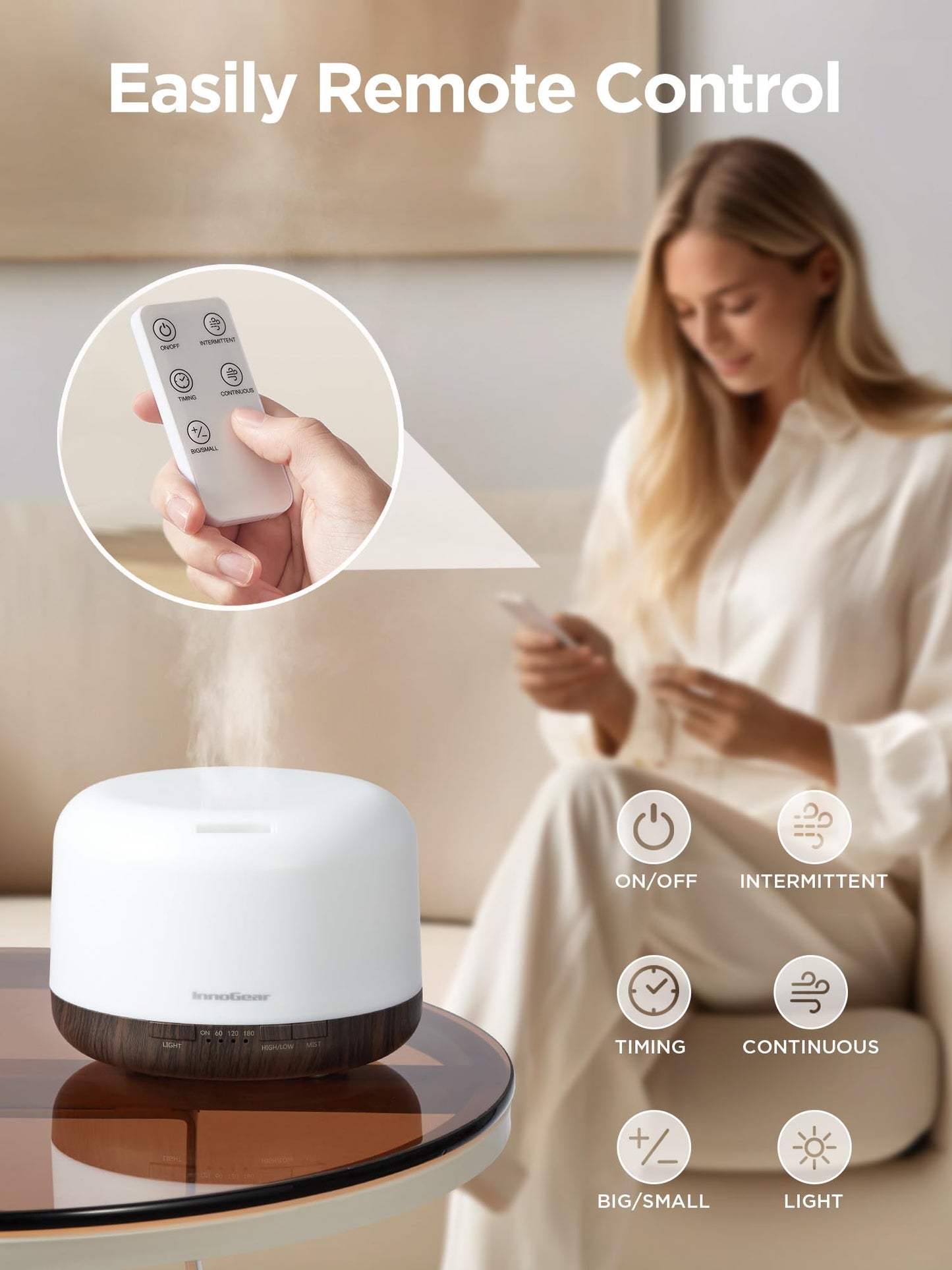InnoGear 500ml Essential Oil Diffuser with Remote – Ultrasonic Humidifier (Brown)