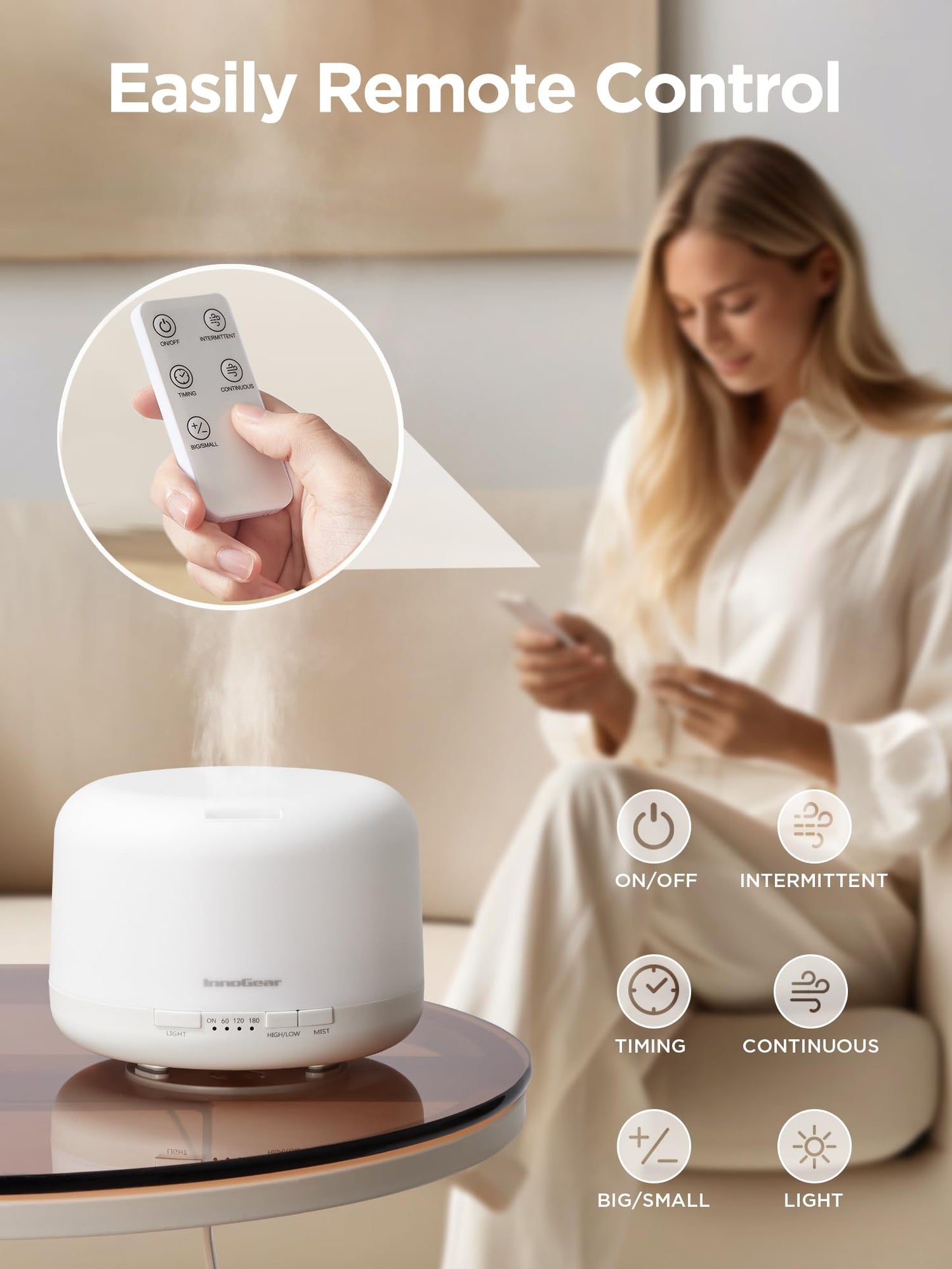 InnoGear 500ml Essential Oil Diffuser with Remote – Large Room Ultrasonic Humidifier & Auto-Off