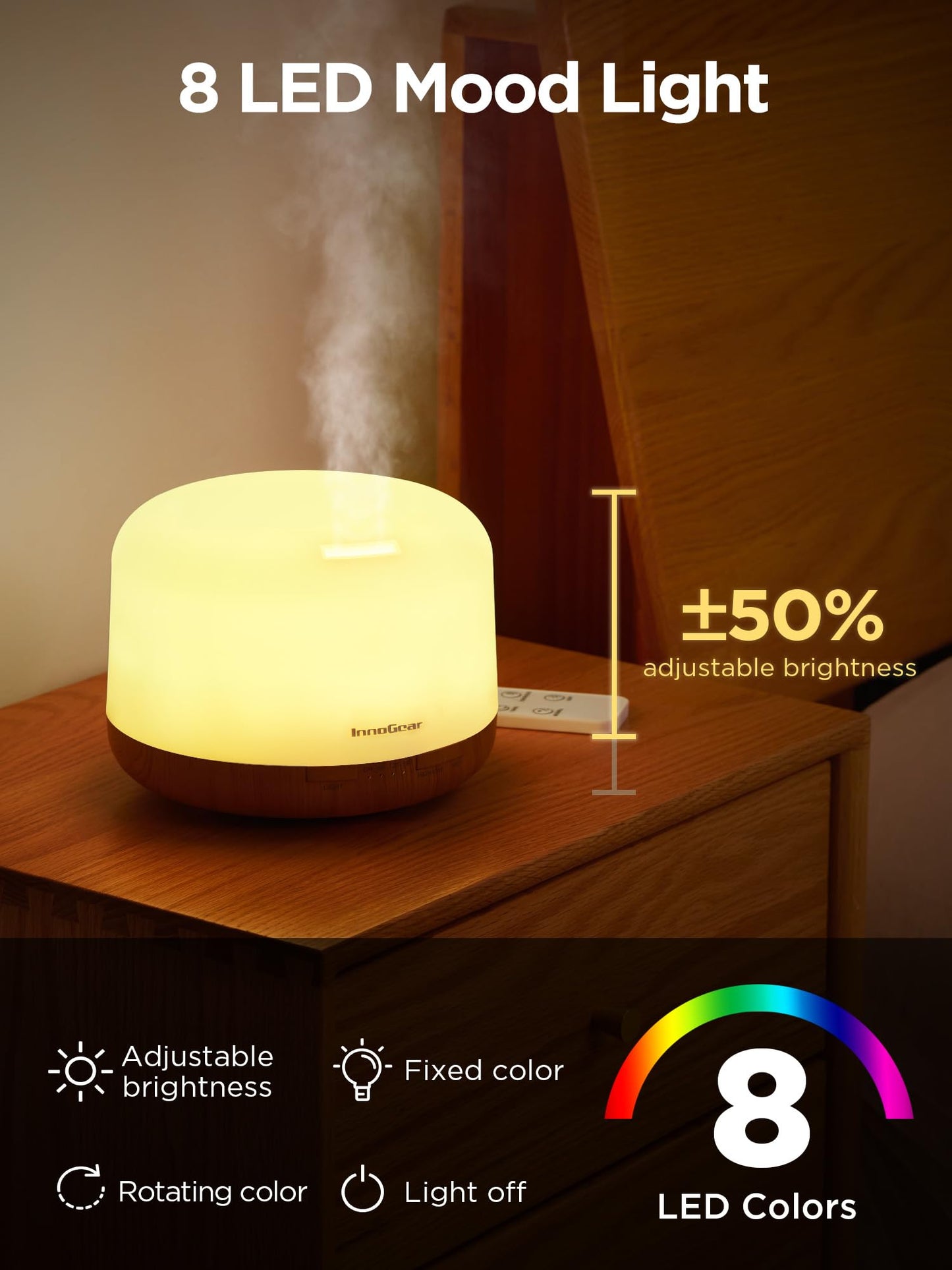 InnoGear 500ml Essential Oil Diffuser with Remote Control – Ultrasonic Humidifier for Large Rooms (Yellow)