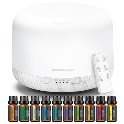 InnoGear 500ml Aromatherapy Diffuser + 10 Essential Oils Set – White, Remote, Auto-Off