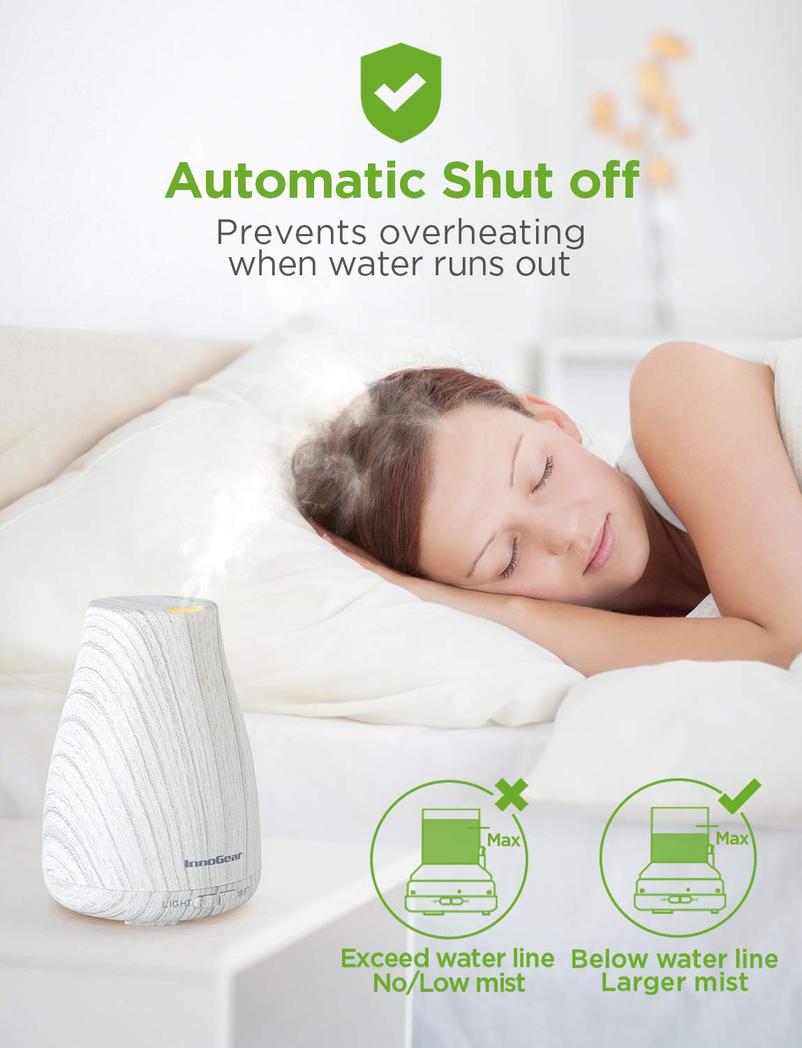 InnoGear Essential Oil Diffuser | Ultrasonic Humidifier for Home Aromatherapy | 7-Color LED, 2 Mist Modes, Auto Off | White & Grey