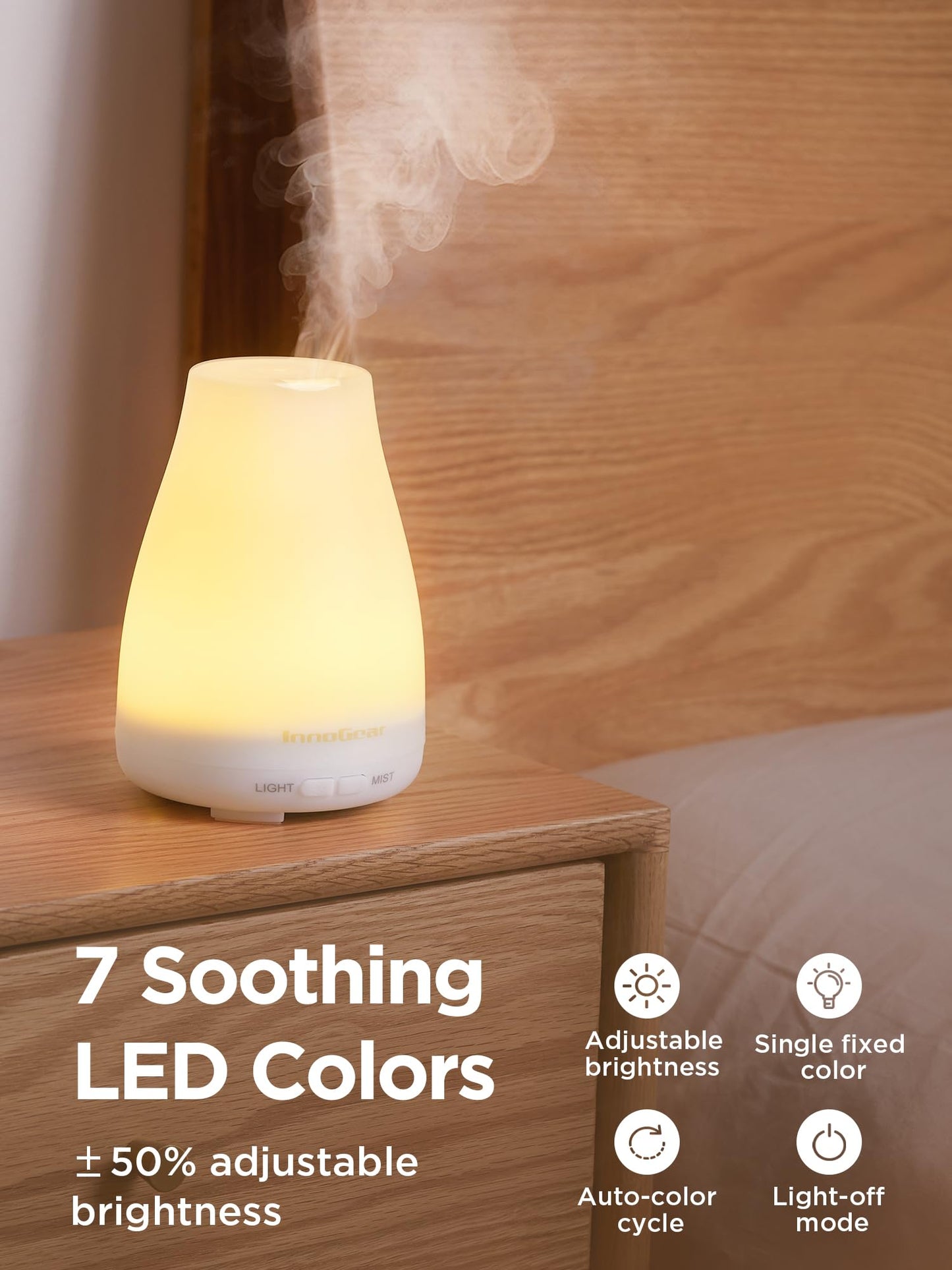 InnoGear Essential Oil Diffuser - Ultrasonic Humidifier with 7-Color LED & Auto Off