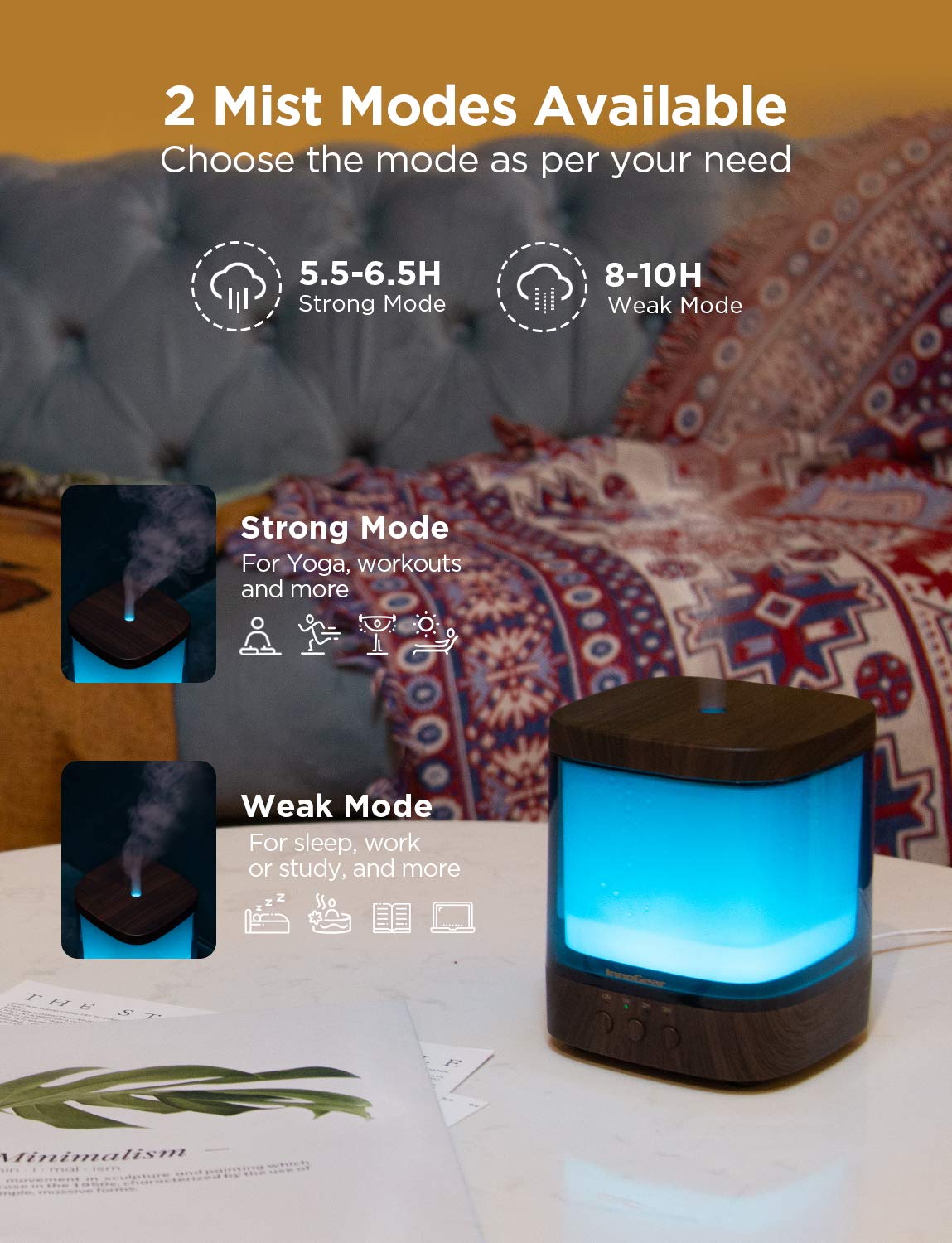 InnoGear 300ml Diffuser | Ultrasonic Essential Oil Humidifier with 4 Timers & Color Lights (Dark)