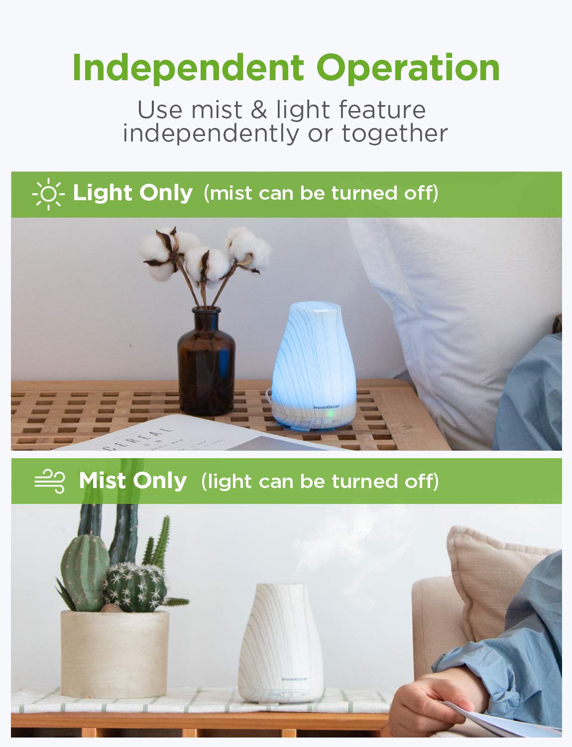 InnoGear Essential Oil Diffuser | Ultrasonic Humidifier for Home Aromatherapy | 7-Color LED, 2 Mist Modes, Auto Off | White & Grey