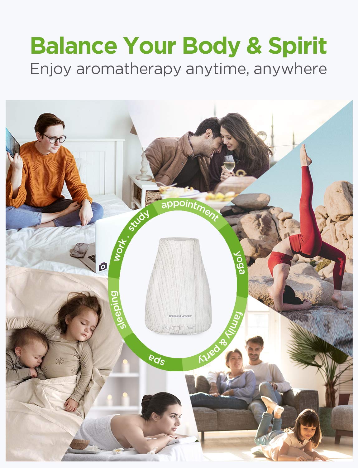 InnoGear Essential Oil Diffuser | Ultrasonic Humidifier for Home Aromatherapy | 7-Color LED, 2 Mist Modes, Auto Off | White & Grey