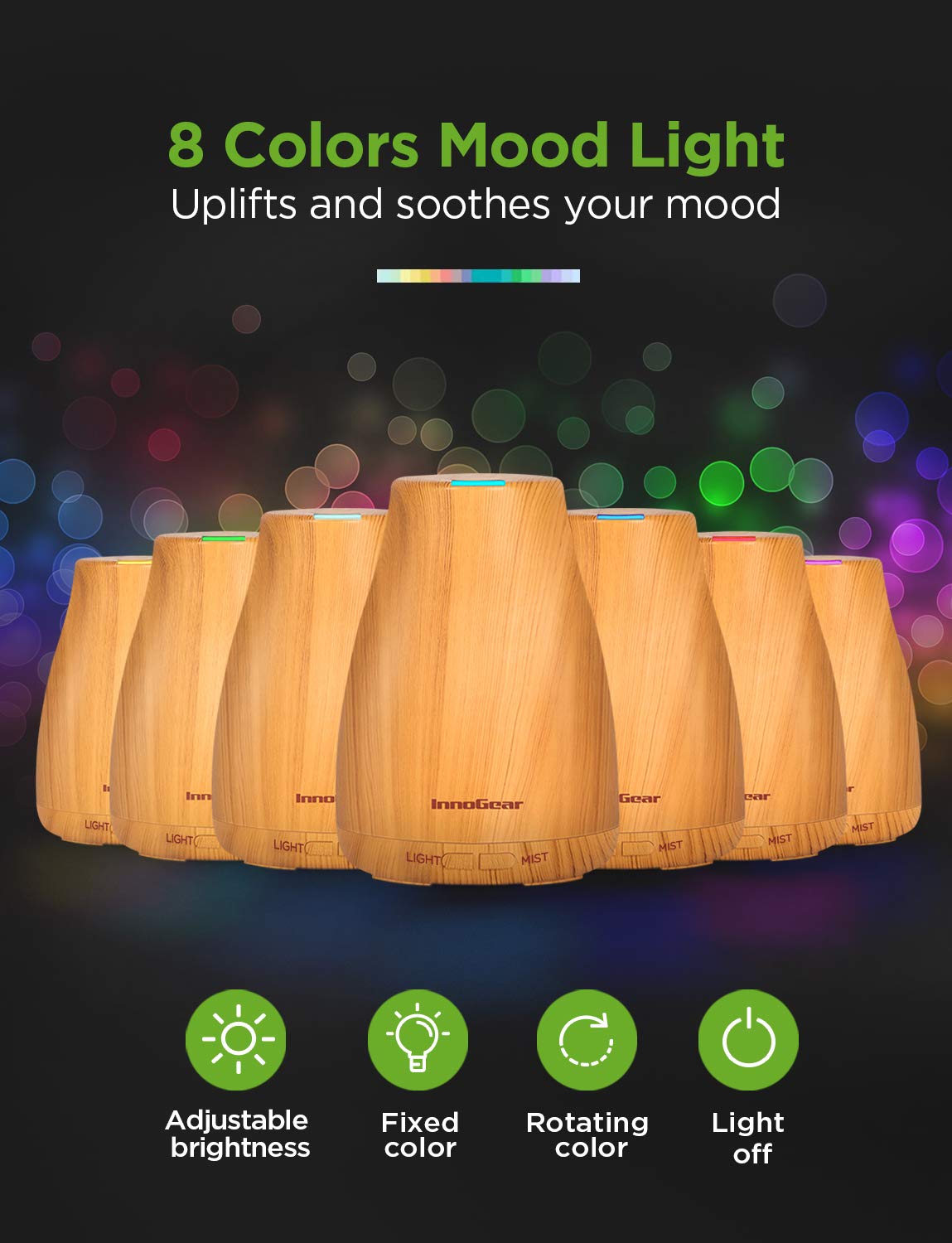 InnoGear Essential Oil Diffuser – Ultrasonic Humidifier, 7-Color LED, 2 Mist Modes, Auto Off, Yellow