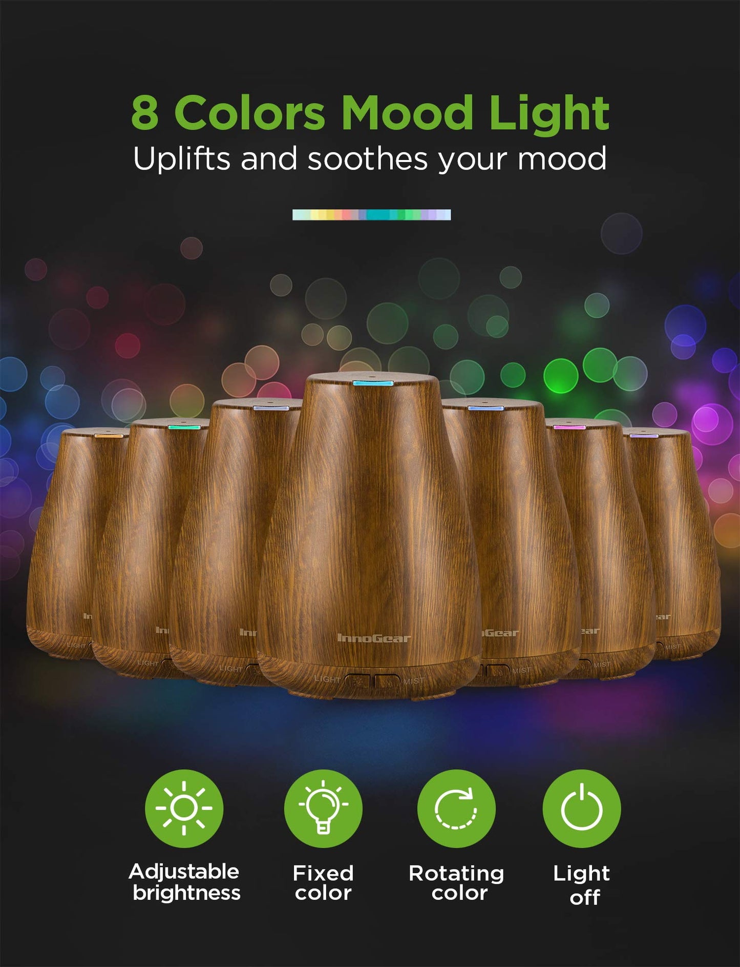 InnoGear Essential Oil Diffuser - Ultrasonic Humidifier with 7-Color LED, 2 Mist Modes, Auto Off, Bronze