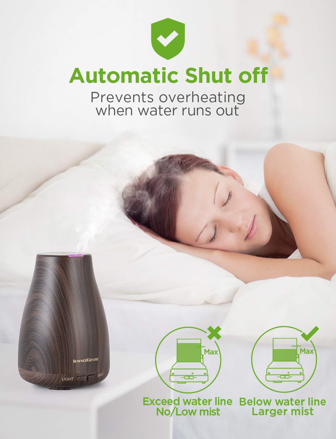InnoGear Essential Oil Diffuser – Ultrasonic Diffuser for Home Aromatherapy, 7-Color LED, Auto Off, 2 Mist Modes, Brown