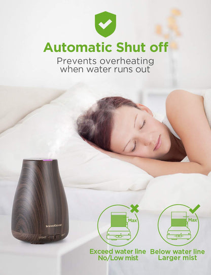InnoGear Essential Oil Diffuser – Ultrasonic Diffuser for Home Aromatherapy, 7-Color LED, Auto Off, 2 Mist Modes, Brown