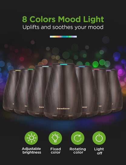 InnoGear Essential Oil Diffuser – Ultrasonic Diffuser for Home Aromatherapy, 7-Color LED, Auto Off, 2 Mist Modes, Brown