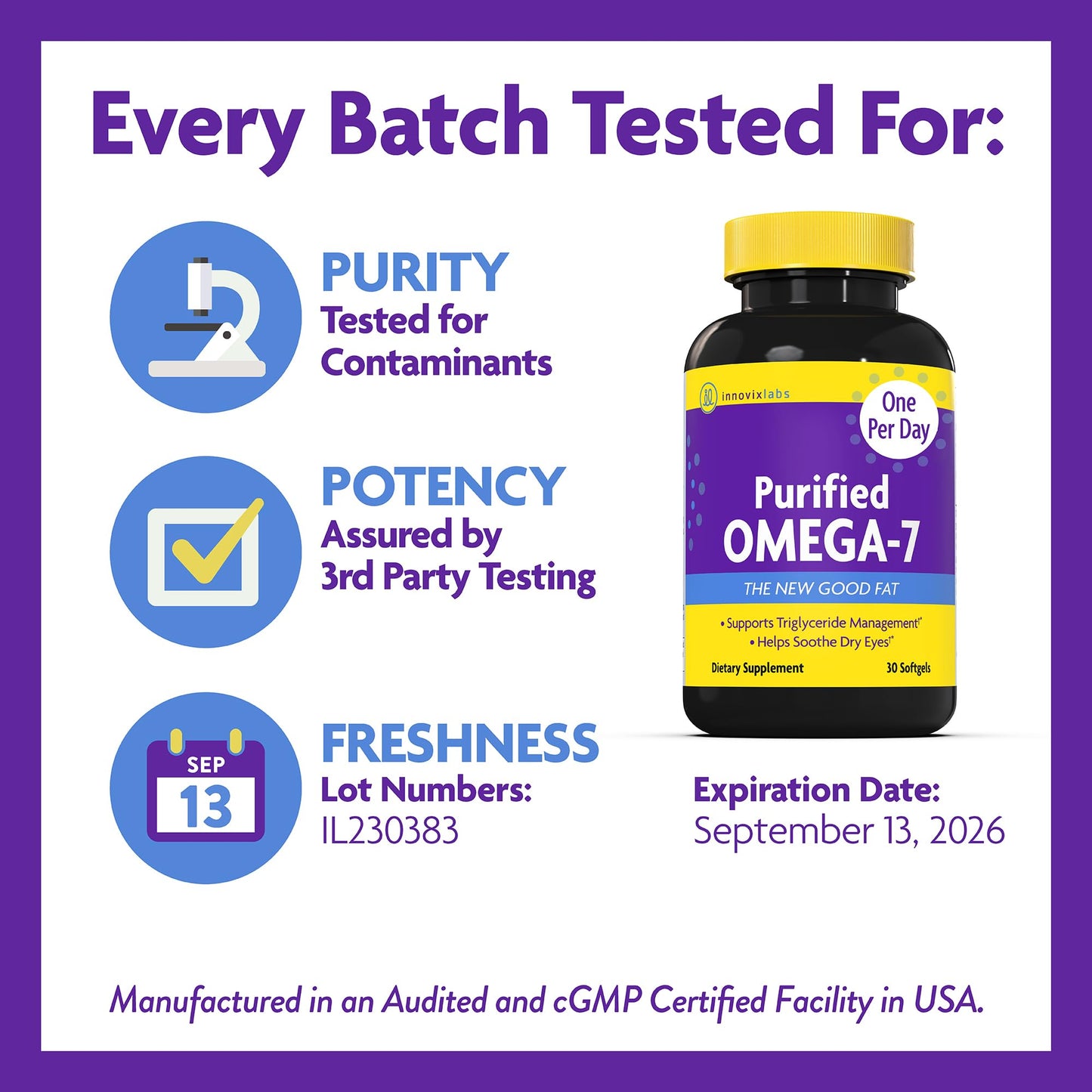 InnovixLabs Purified Omega 7 Supplement - 210 mg Palmitoleic Acid, Metabolism & Triglyceride Support, IFOS Approved, 30 Softgels