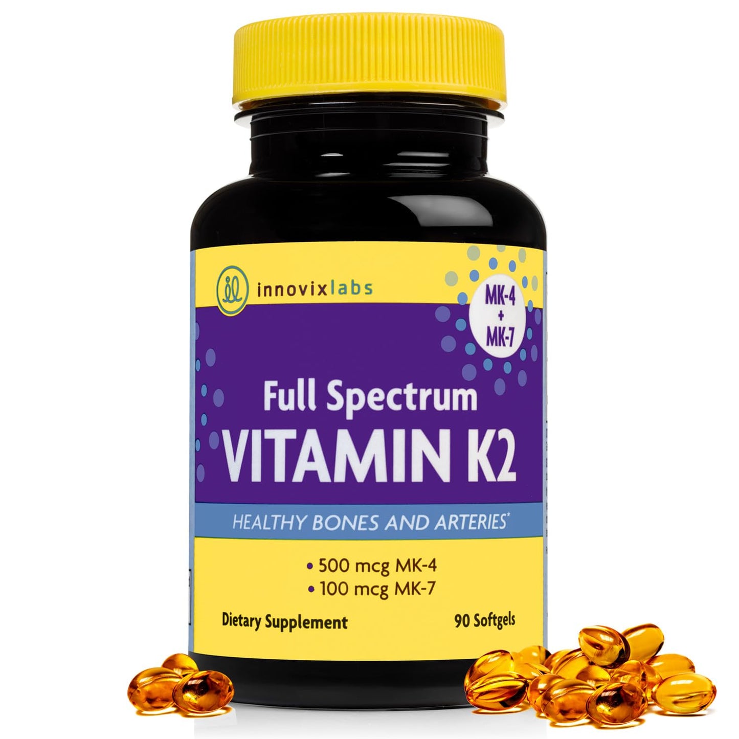 InnovixLabs Full Spectrum Vitamin K2-90 Softgels with MK4 & MK7 (600 mcg) – Supports Bone Health, Brain Function | Soy & Gluten Free