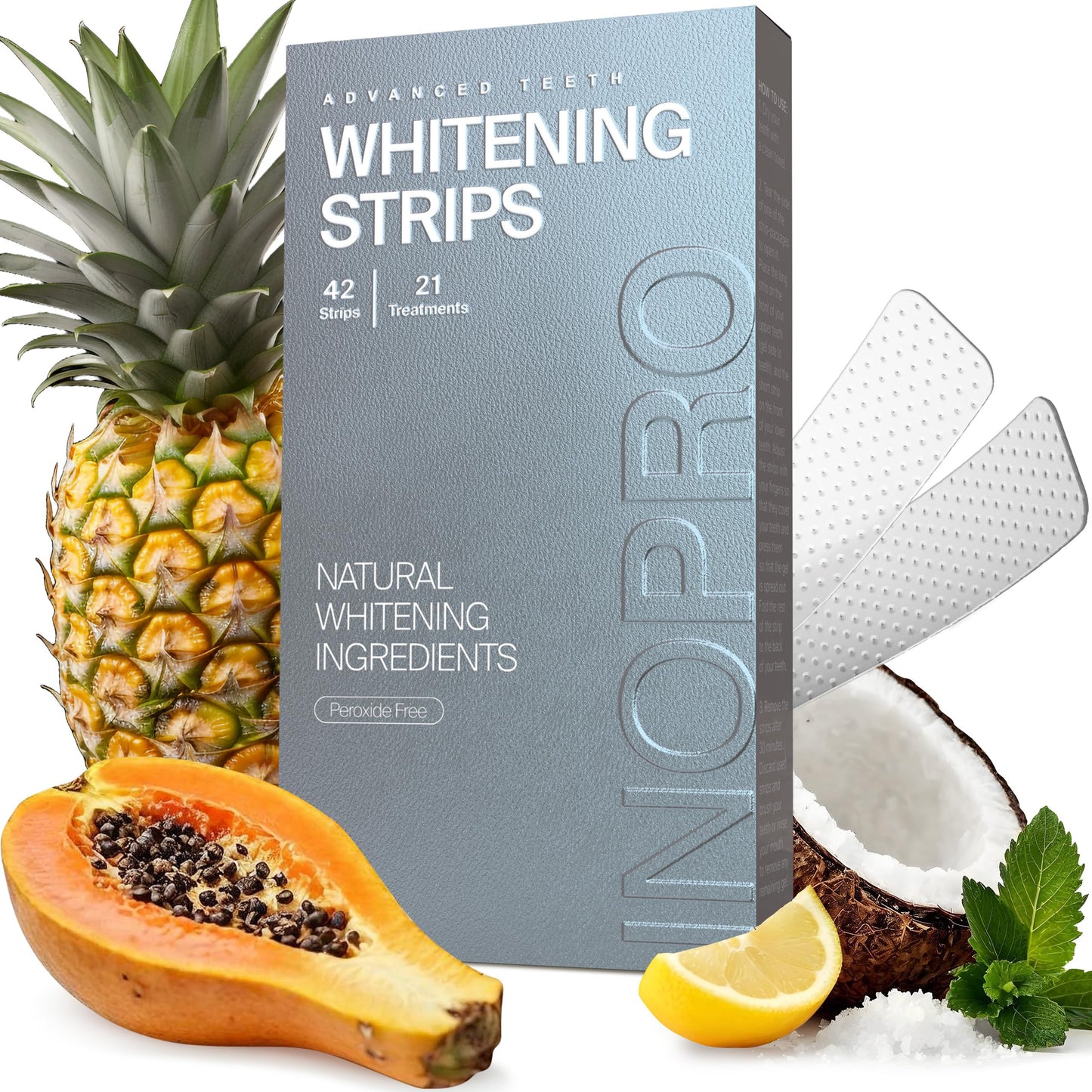 InoPro Natural Teeth Whitening Strips Kit – 21 Treatments (42 Strips) – Peroxide-Free, Sensitive Teeth Whitener with Papain & Bromelain