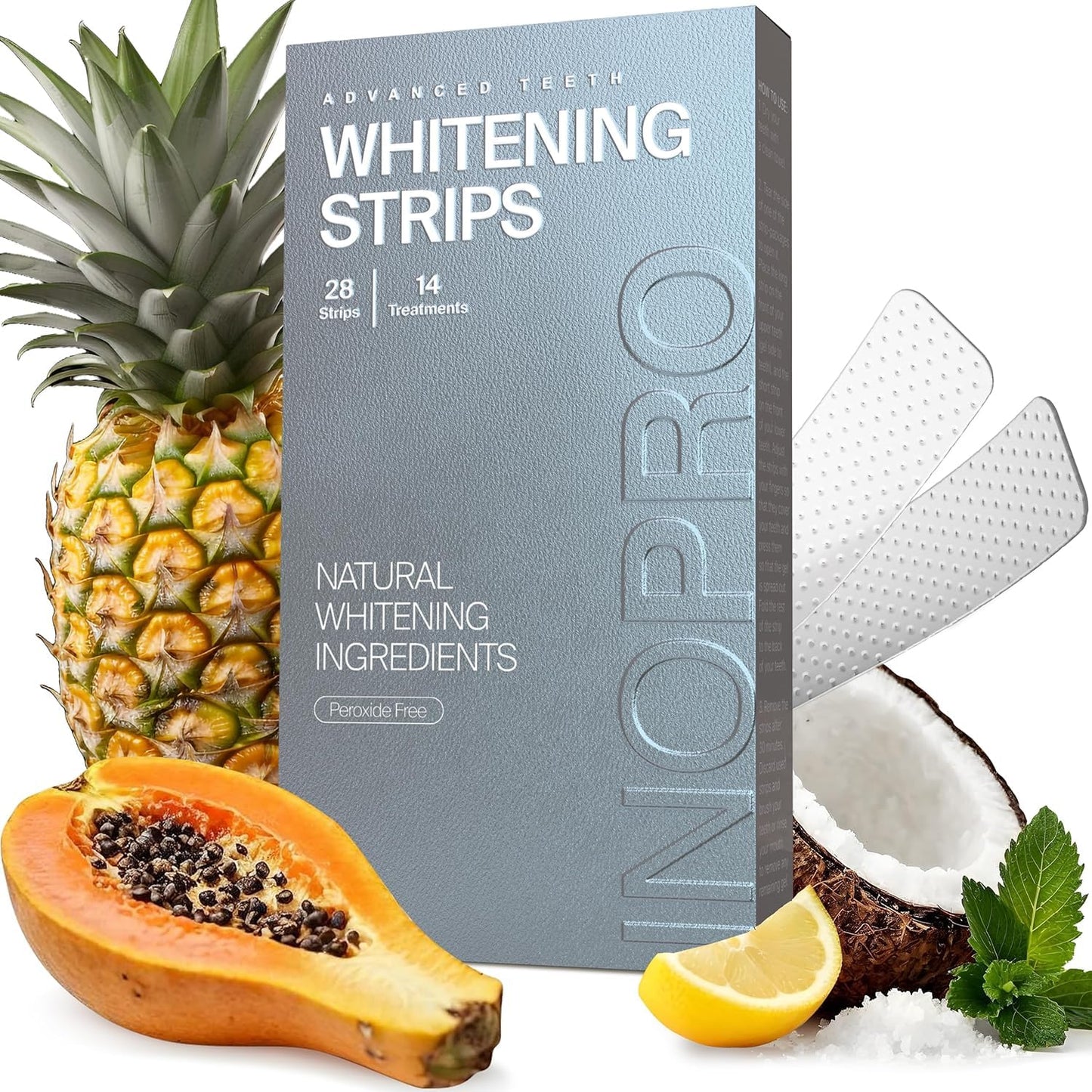InoPro Natural Teeth Whitening Strips Kit – 14 Treatments for Sensitive Teeth (28 Strips) – Peroxide-Free