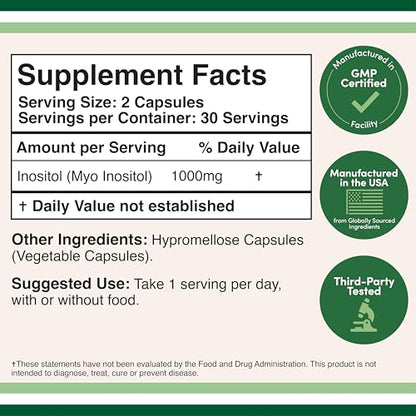 Inositol 1000mg Capsules (Myo-Inositol) for Women's Health – Double Wood, Pack of 2