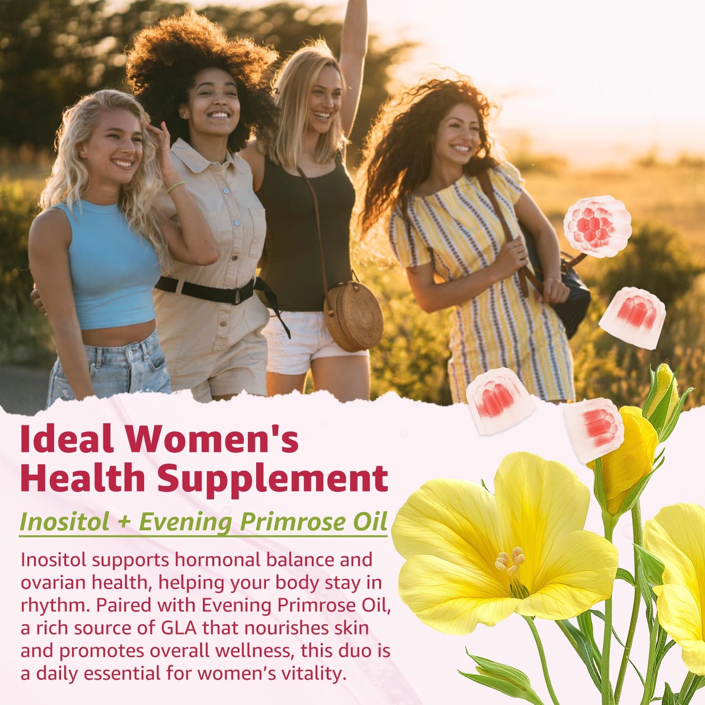 Myo-Inositol & D-Chiro Inositol Gummies 40:1 with Evening Primrose Oil for Women – Hormonal Balance, Regular Cycles, Ovarian Health, Vegan (60ct)
