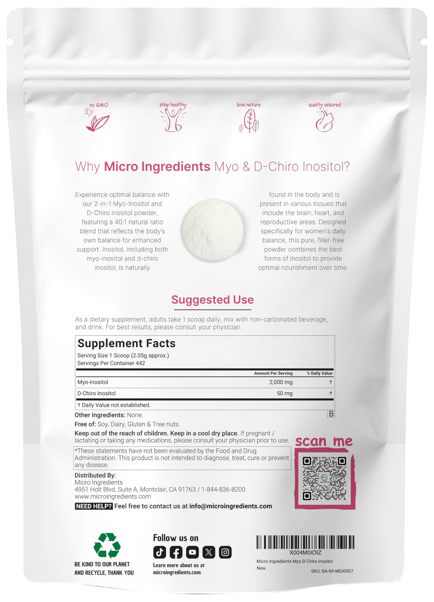 Micro Ingredients Myo-Inositol & D-Chiro Inositol Powder, 2 lb (442 Servings) | 40:1 Ratio for Women | Supports Hormonal Balance & Ovarian Health | Vegan, Non-GMO
