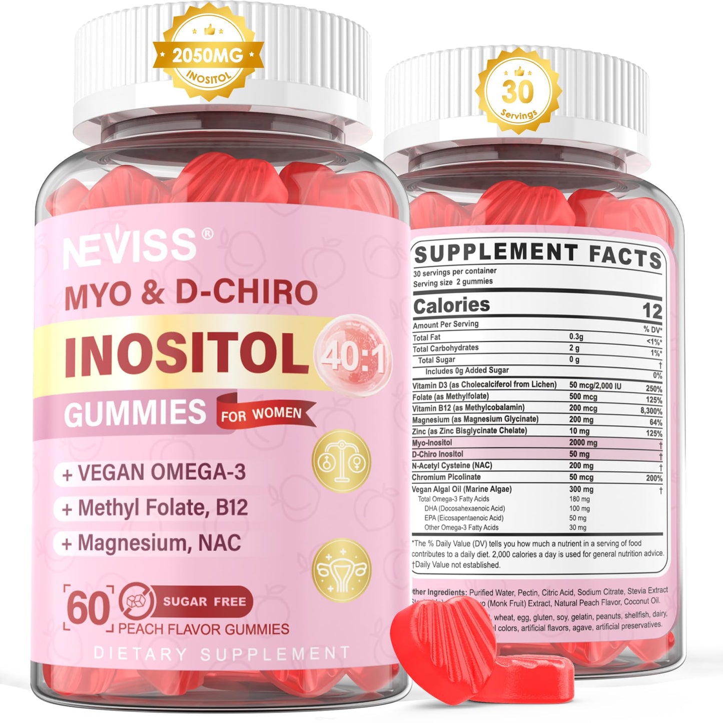 Myo-Inositol & D-Chiro Inositol Gummies – Sugar Free 40:1 for Women | Vegan Omega-3, D3, Magnesium, B12