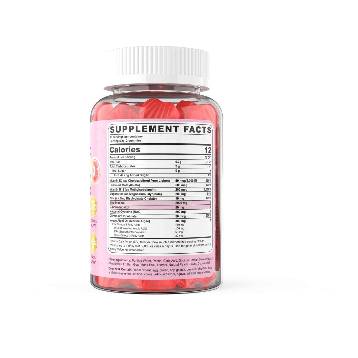 Myo-Inositol & D-Chiro Inositol Gummies – Sugar Free 40:1 for Women | Vegan Omega-3, D3, Magnesium, B12